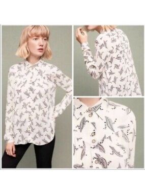 Anthropologie Embroidered Button Down Shirt Size 8 White Black